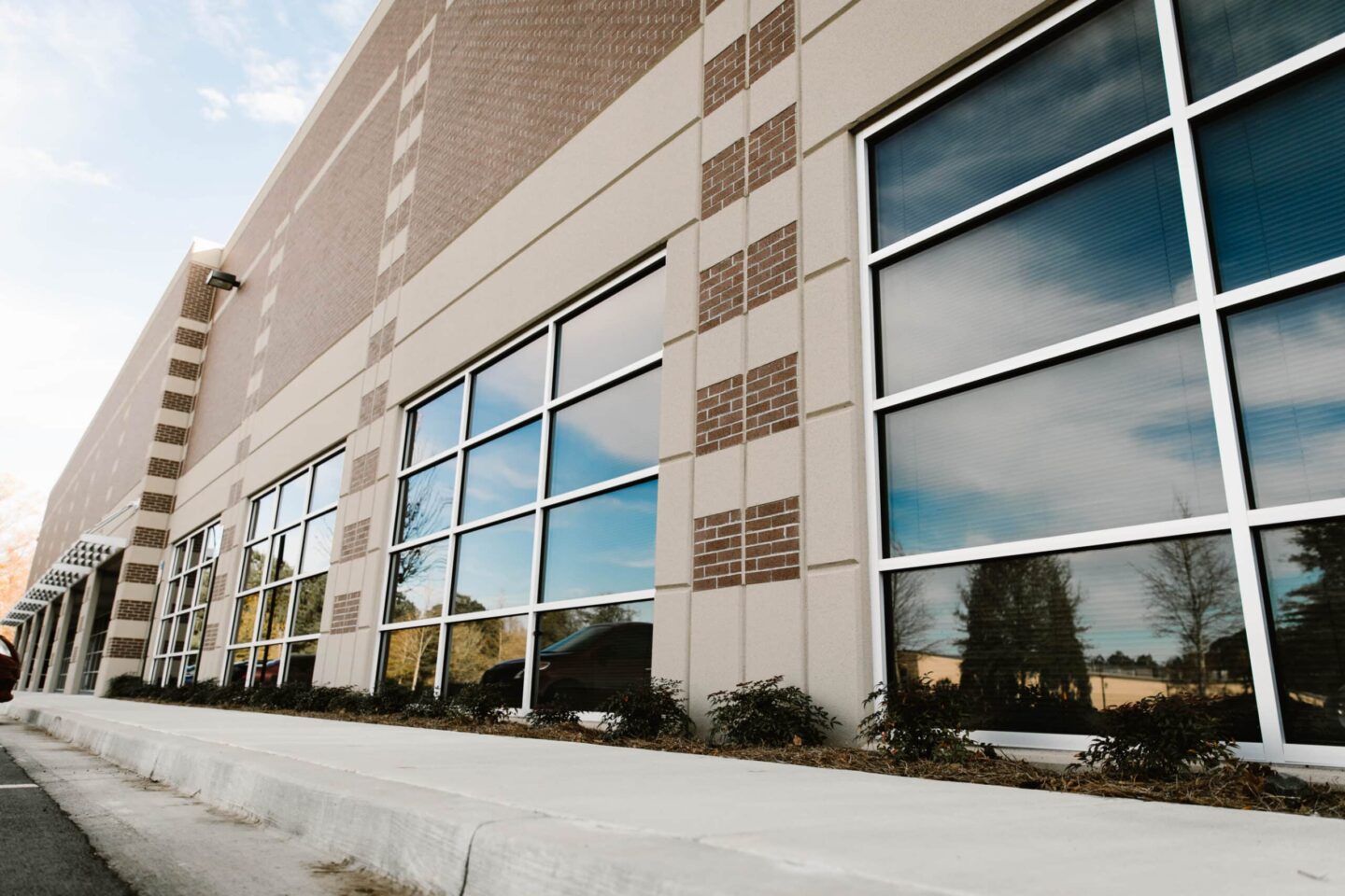 Front of building with glass windows